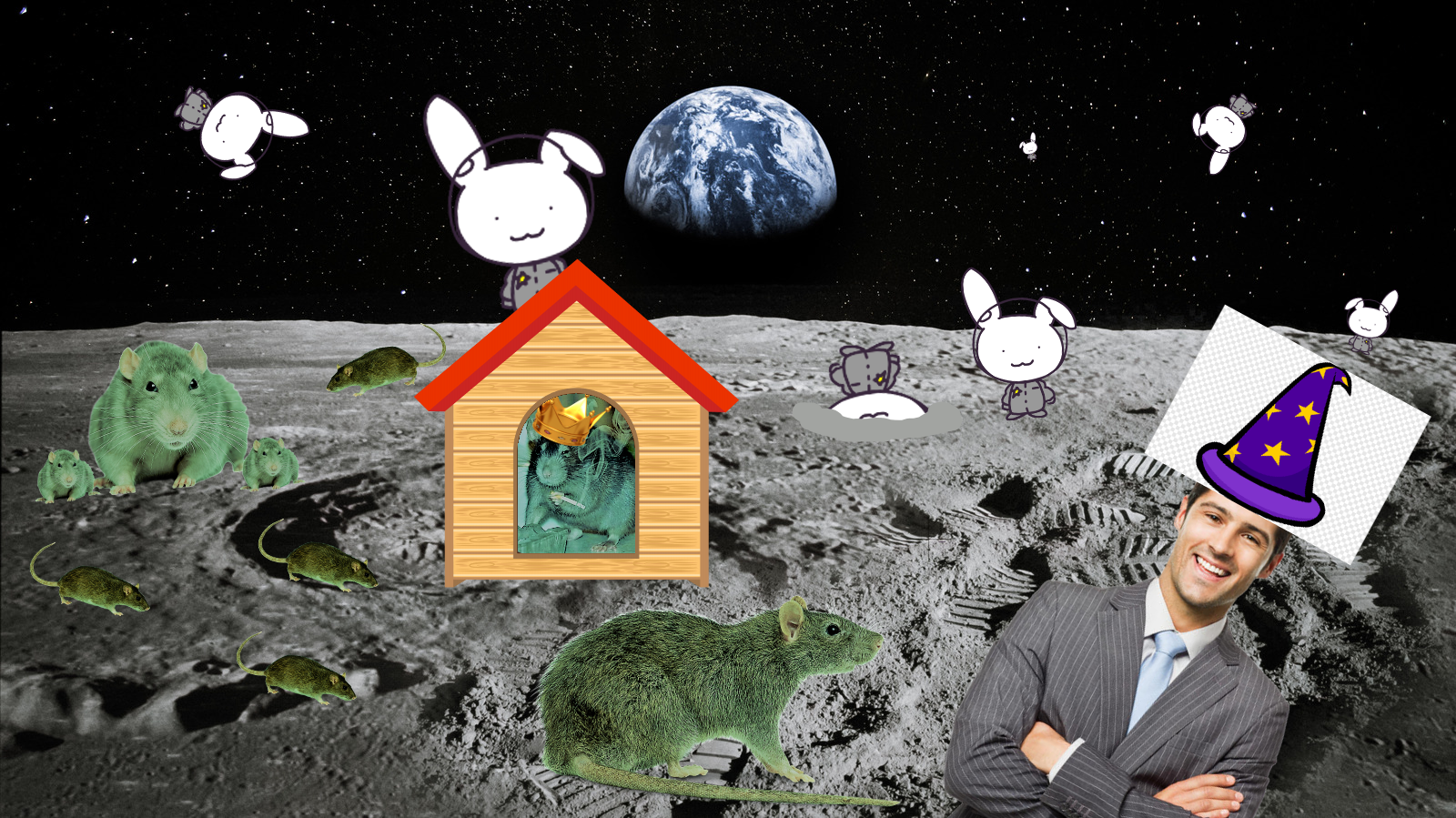 You at the moon with alien rats and moon rabbits.